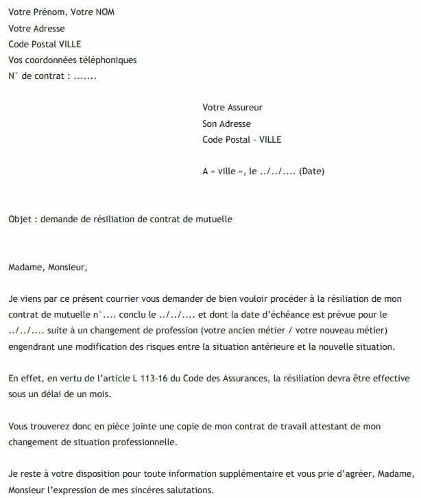 lettre de résiliation mutuelle